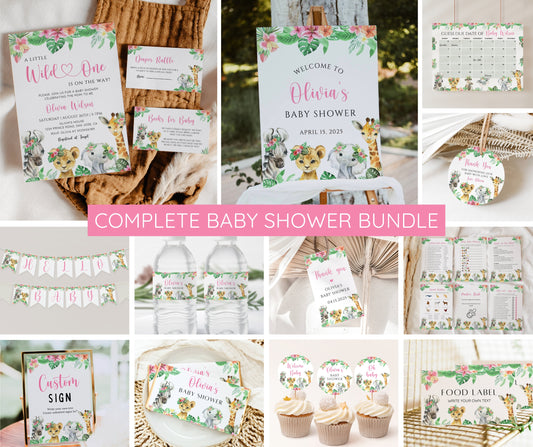 Safari Baby Shower Girl Bundle, Pink Jungle Animals Baby Sprinkle Invitation & Games, Editable Canva Templates, Instant Download