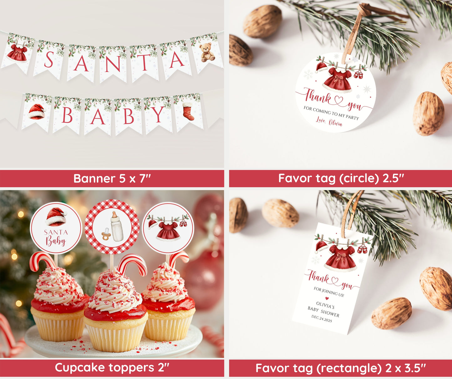 Santa Baby Shower Bundle, Christmas Girl Baby Shower Invitation & Games, Holiday Baby Clothesline, Winter, Merry Little, Editable Template