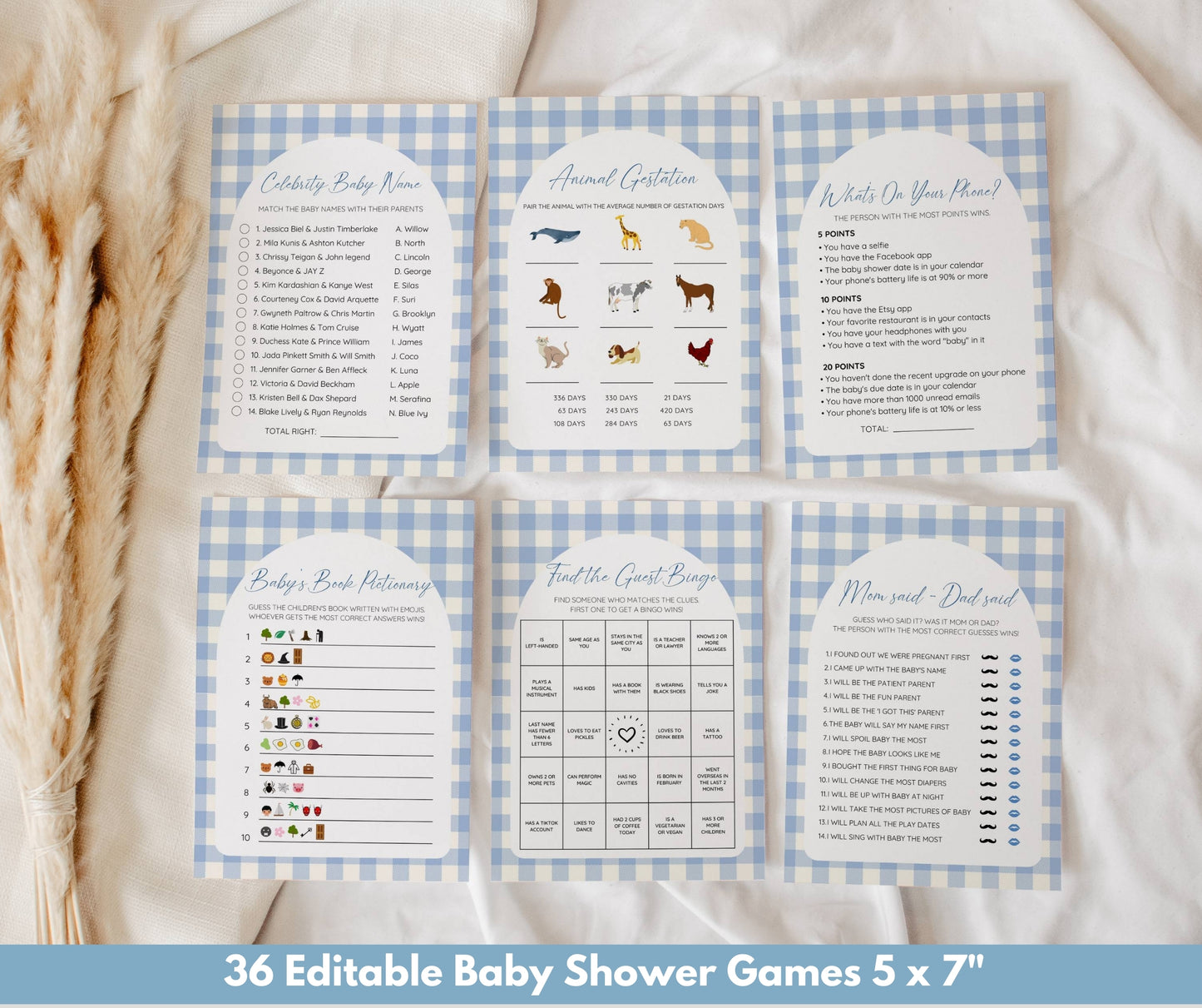 Cutie Pie Baby Shower Bundle Boy, Fall Baby Shower Invitation Blue Gingham, Autumn Baby Sprinkle Games, Editable Canva Template