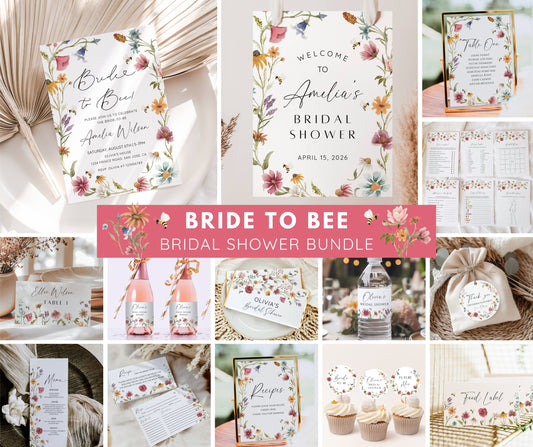 Bride to Bee Bridal Shower Bundle, Wildflower Bee Bridal Shower Invitation & Games Bundle, Summer Bridal Shower, Editable Canva Template