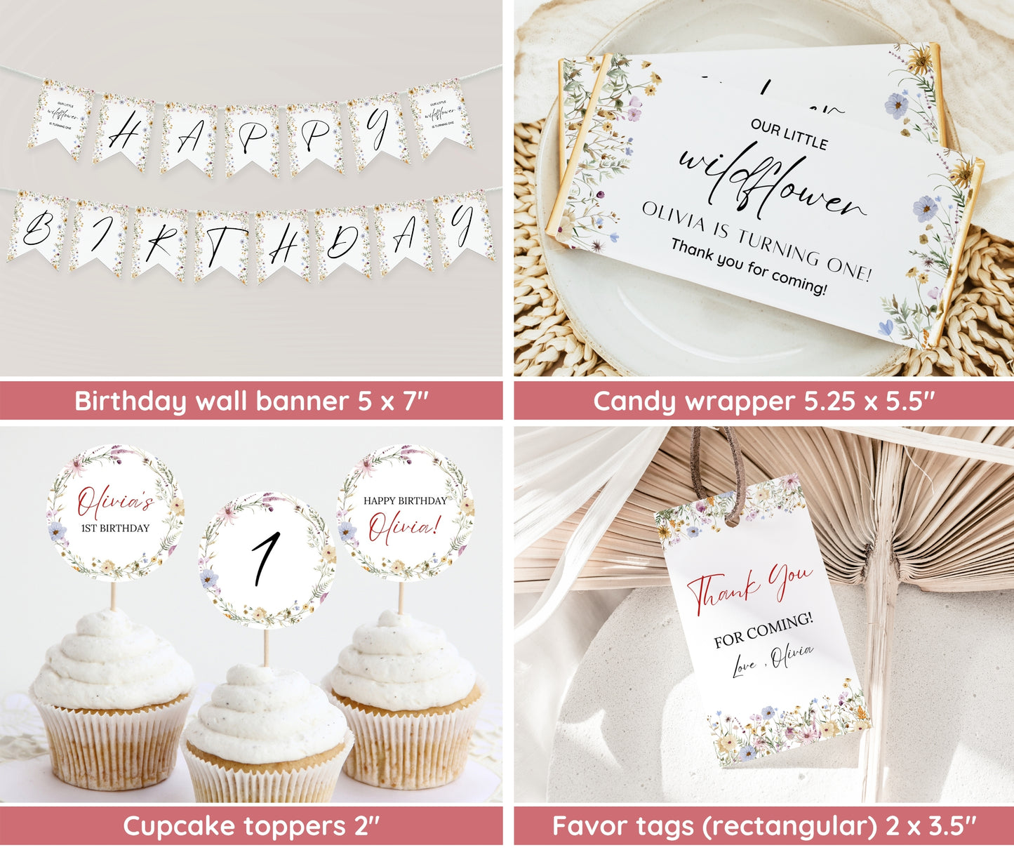 Wildflower Birthday Invitation Bundle, Wildflower First Birthday Invitation, Girl 1st Birthday, First Birthday Decorations, Wildflower Boho