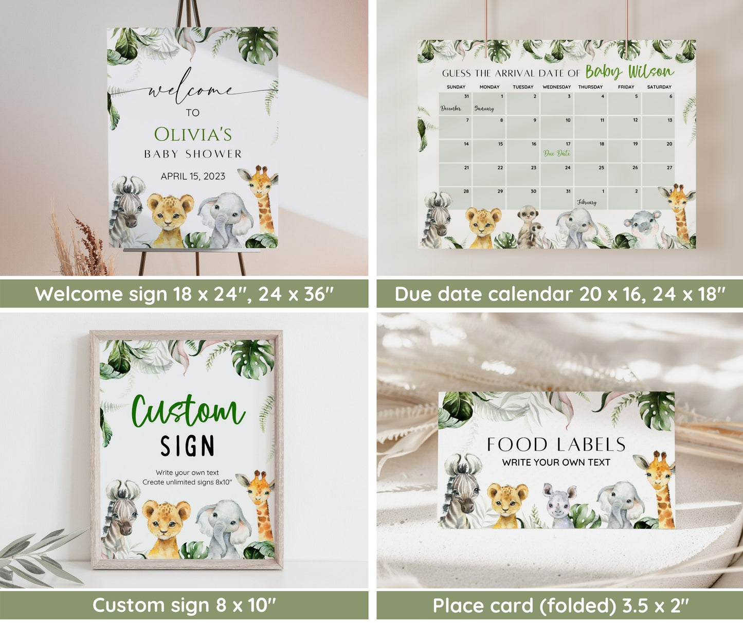 Safari Animals Baby Shower Bundle, Editable Safari Baby Shower Invitation Set, Jungle Animals Baby Shower, Gender Neutral, Instant Download