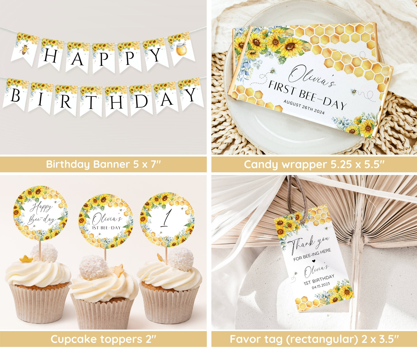 First Bee Day Invitation Bundle, A Little Honey First Birthday Pack, Sunflower Bee Decor, Birthday Girl, Milestone, Welcome Sign, Editable