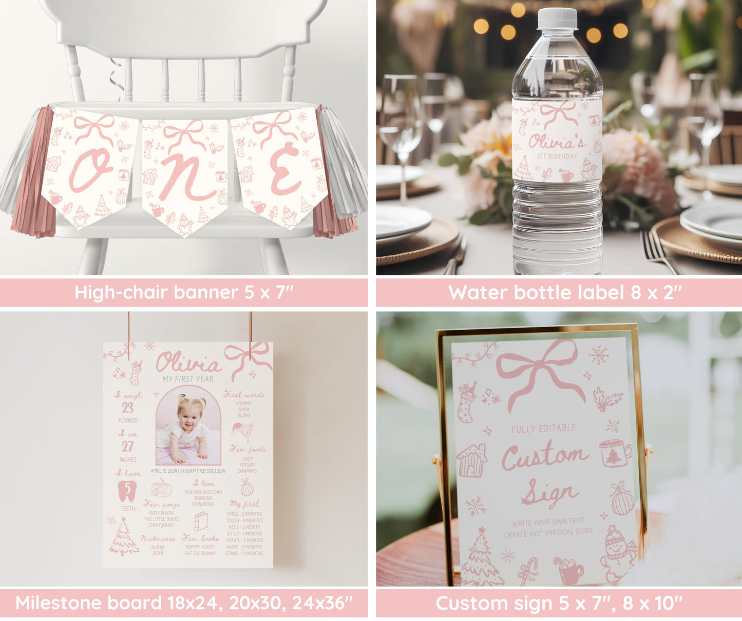 Winter Onederland First Birthday Bundle, Hand Drawn Pink Winter Girl Birthday Invitation, December Christmas 1st Birthday, Editable Template