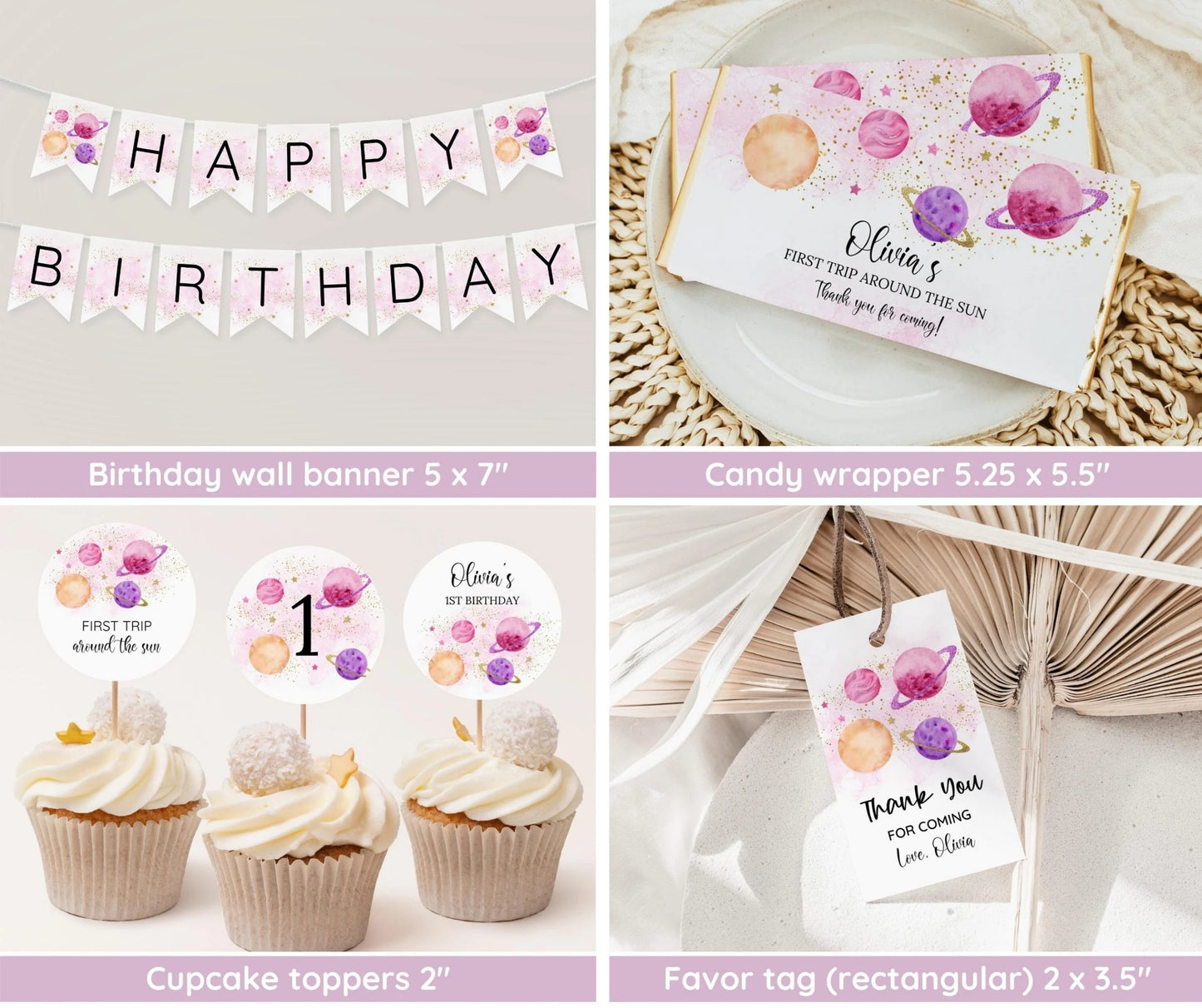 First Trip Around The Sun Birthday Invitation Bundle, Editable Space Invitation 1st Birthday, Space Birthday Decoration, First Birthday Girl