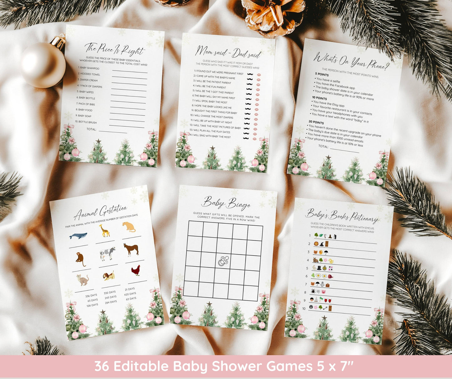 Pink Christmas Baby Shower Bundle, Baby It's Cold Outside Invitation & Game Set, Winter Girl Baby Shower Decor, Editable Canva Template