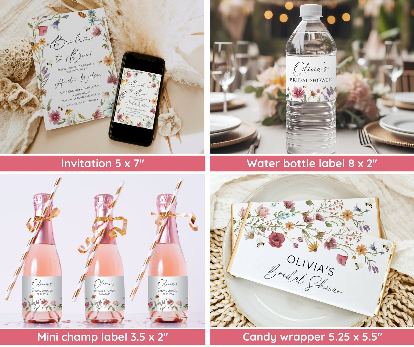 Bride to Bee Bridal Shower Bundle, Wildflower Bee Bridal Shower Invitation & Games Bundle, Summer Bridal Shower, Editable Canva Template