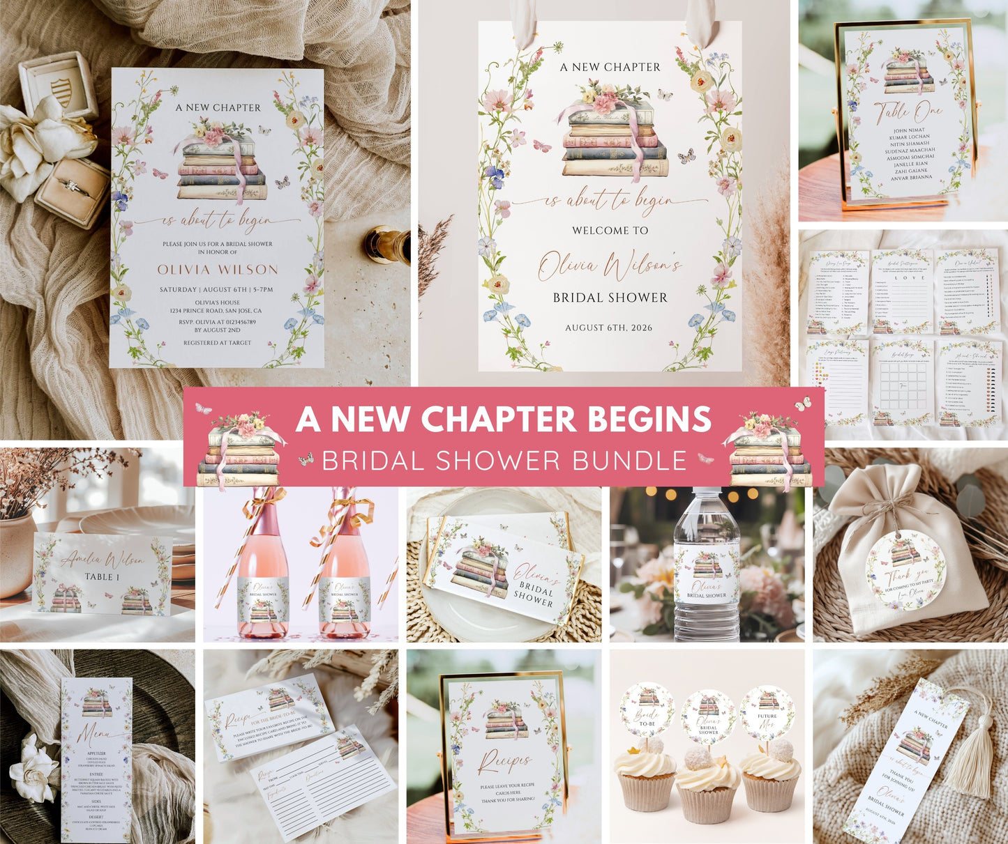 Storybook Bridal Shower Bundle, New Chapter Begins Bridal Shower Invitation & Games Bundle, Editable Canva Template (Digital Download)