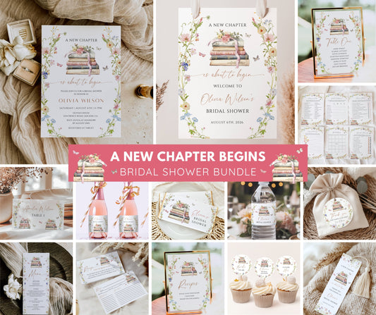 Storybook Bridal Shower Bundle, New Chapter Begins Bridal Shower Invitation & Games Bundle, Editable Canva Template (Digital Download)