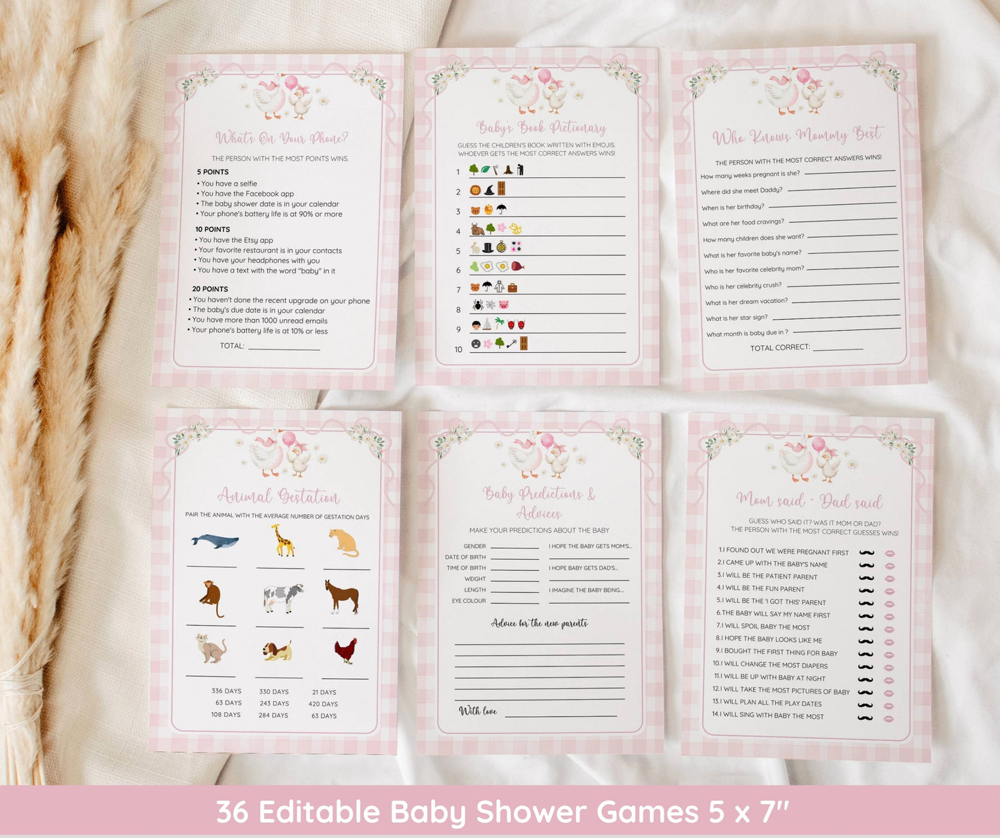 Silly Goose Baby Shower Bundle, Coquette Bow Goose Invitation & Games, Pink Gingham Decor, Preppy Girl Baby Shower, Editable Canva Template