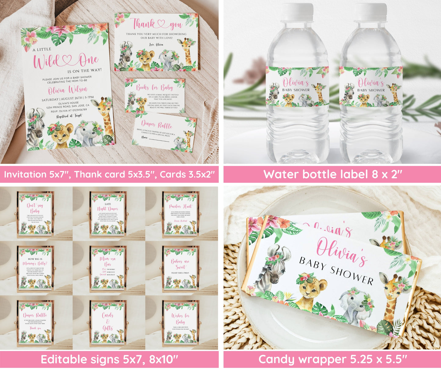 Safari Baby Shower Girl Bundle, Pink Jungle Animals Baby Sprinkle Invitation & Games, Editable Canva Templates, Instant Download