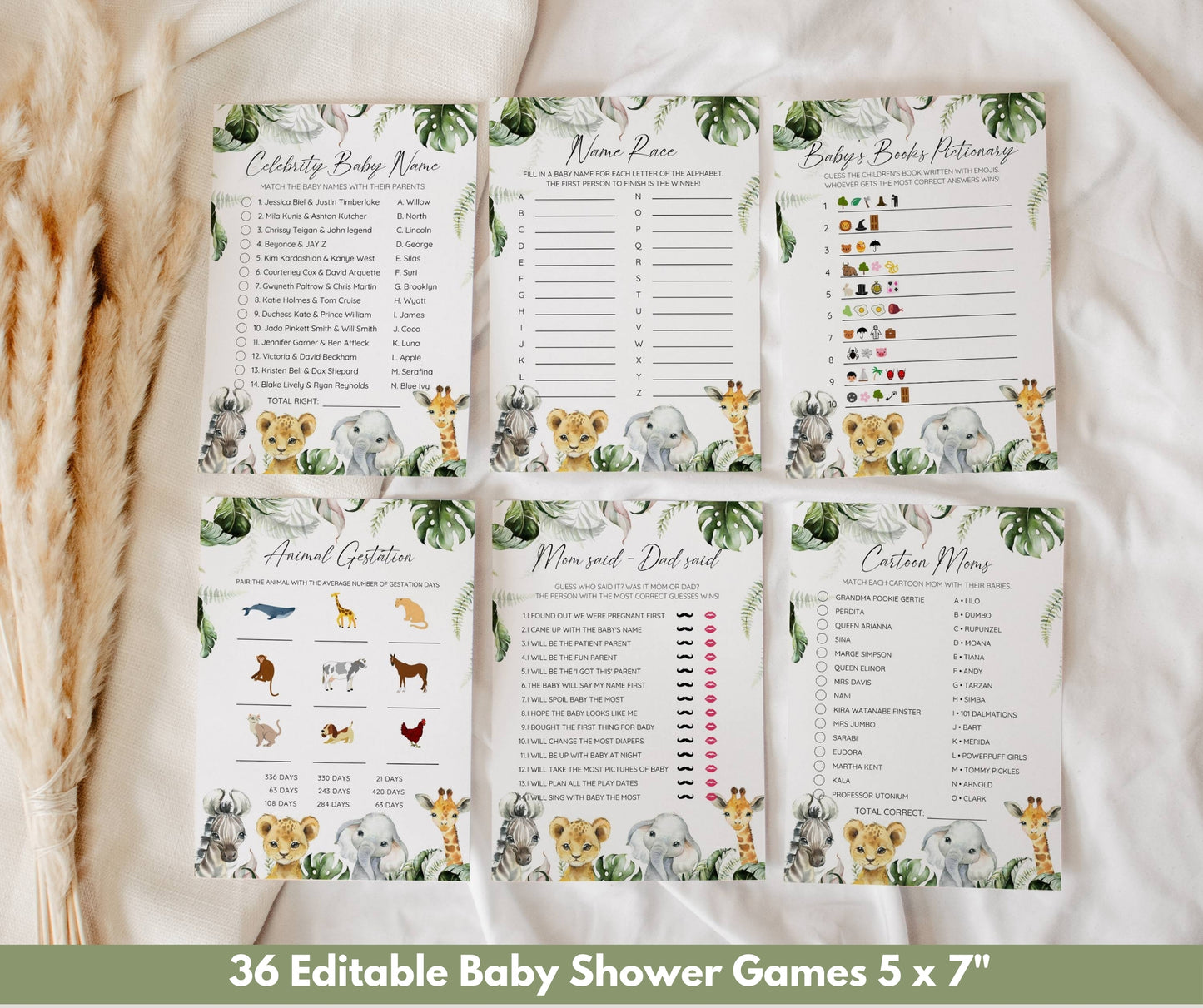 Safari Animals Baby Shower Bundle, Editable Safari Baby Shower Invitation Set, Jungle Animals Baby Shower, Gender Neutral, Instant Download
