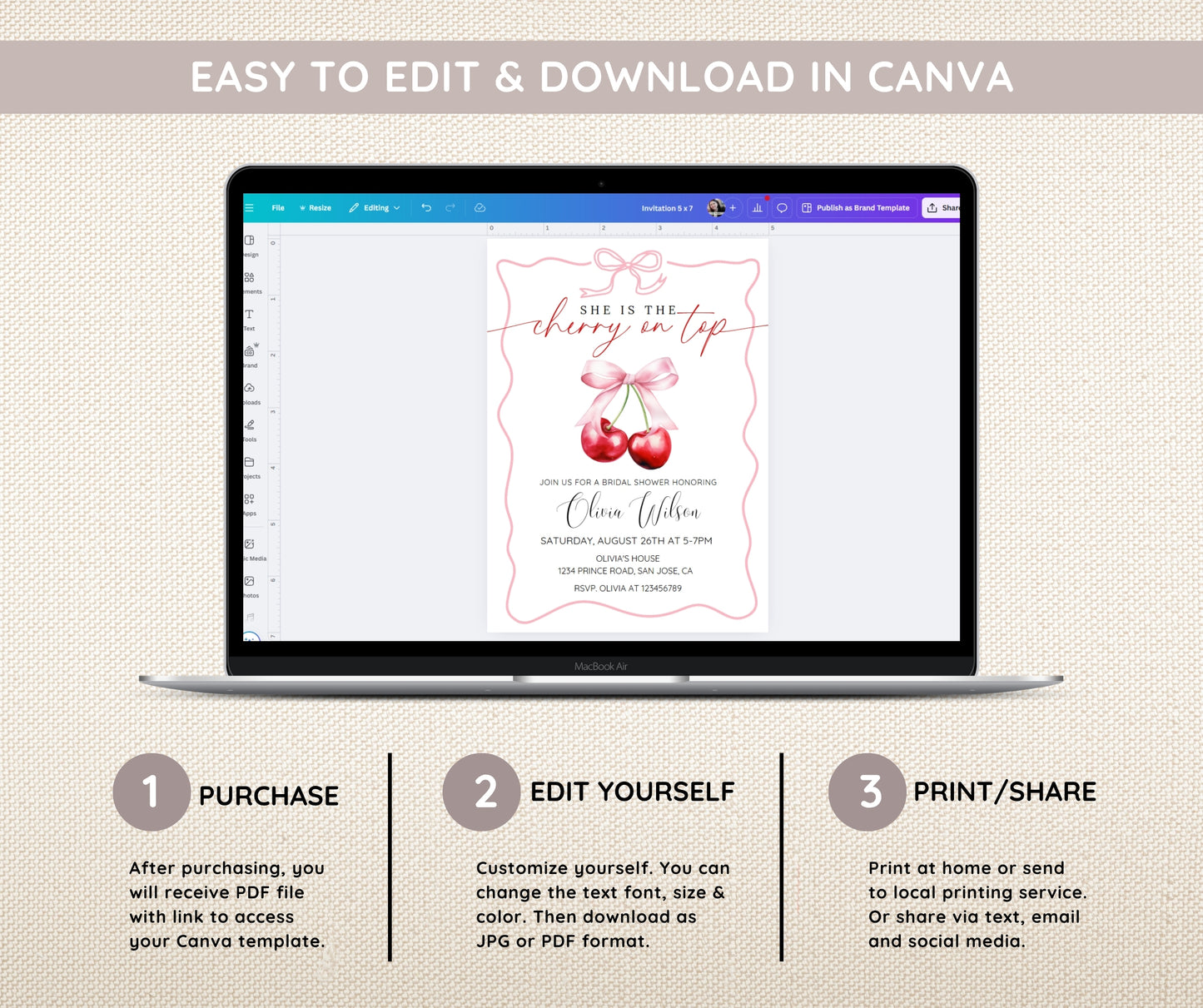 Cherry on Top Bridal Shower Bundle, Coquette Cherry Bow Wedding Shower Invitation Set, She's the Cherry on Top, Editable Template, Printable