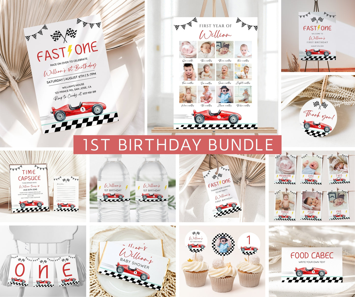 Fast One Race Car Birthday Invitation Bundle, 1st Birthday Boy Party Bundle, Editable Race Car Invite Set, Boy First Birthday Canva Template