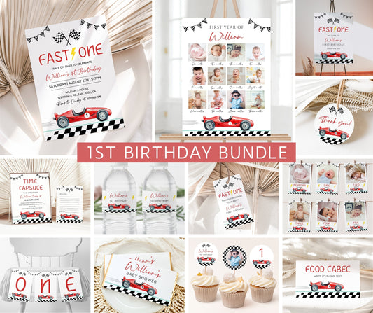 Fast One Race Car Birthday Invitation Bundle, 1st Birthday Boy Party Bundle, Editable Race Car Invite Set, Boy First Birthday Canva Template