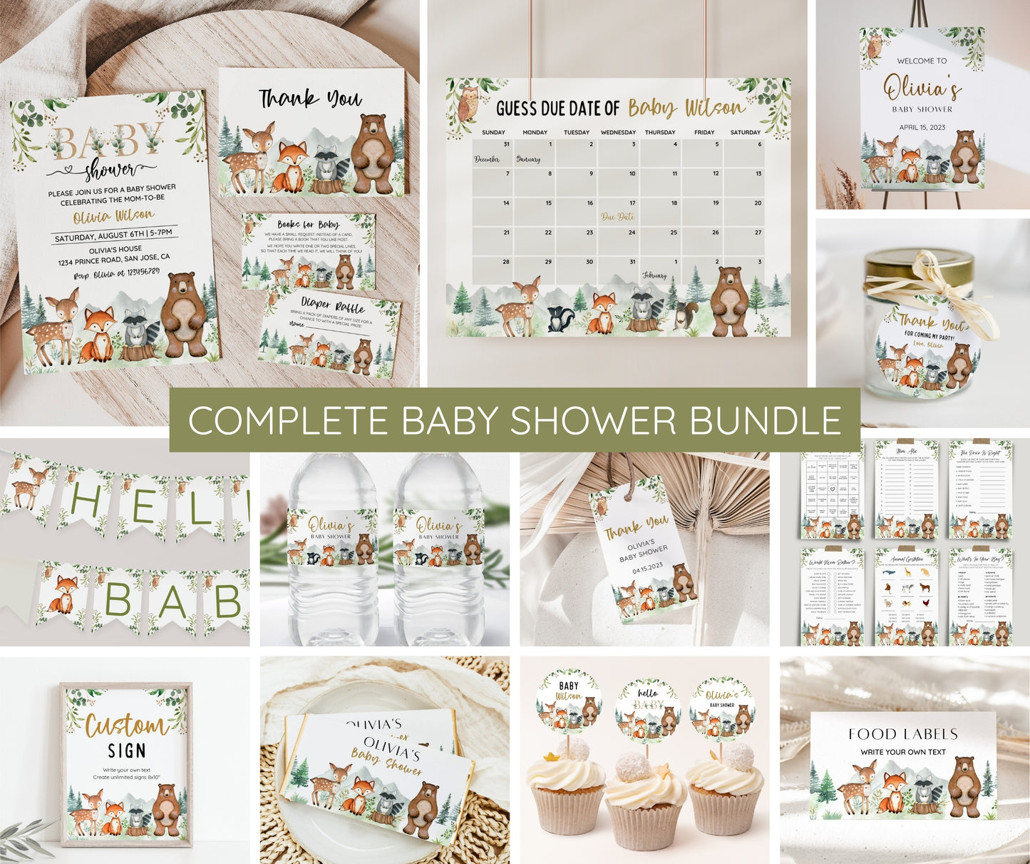 Woodland Baby Shower Bundle, Editable Woodland Animal Set, Baby Shower Invitation Game Pack, Woodland Animal Baby Shower, Gender Neutral