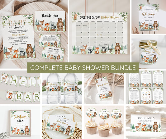 Woodland Baby Shower Bundle, Editable Woodland Animal Set, Baby Shower Invitation Game Pack, Woodland Animal Baby Shower, Gender Neutral