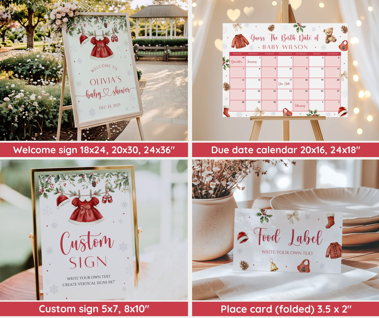 Santa Baby Shower Bundle, Christmas Girl Baby Shower Invitation & Games, Holiday Baby Clothesline, Winter, Merry Little, Editable Template