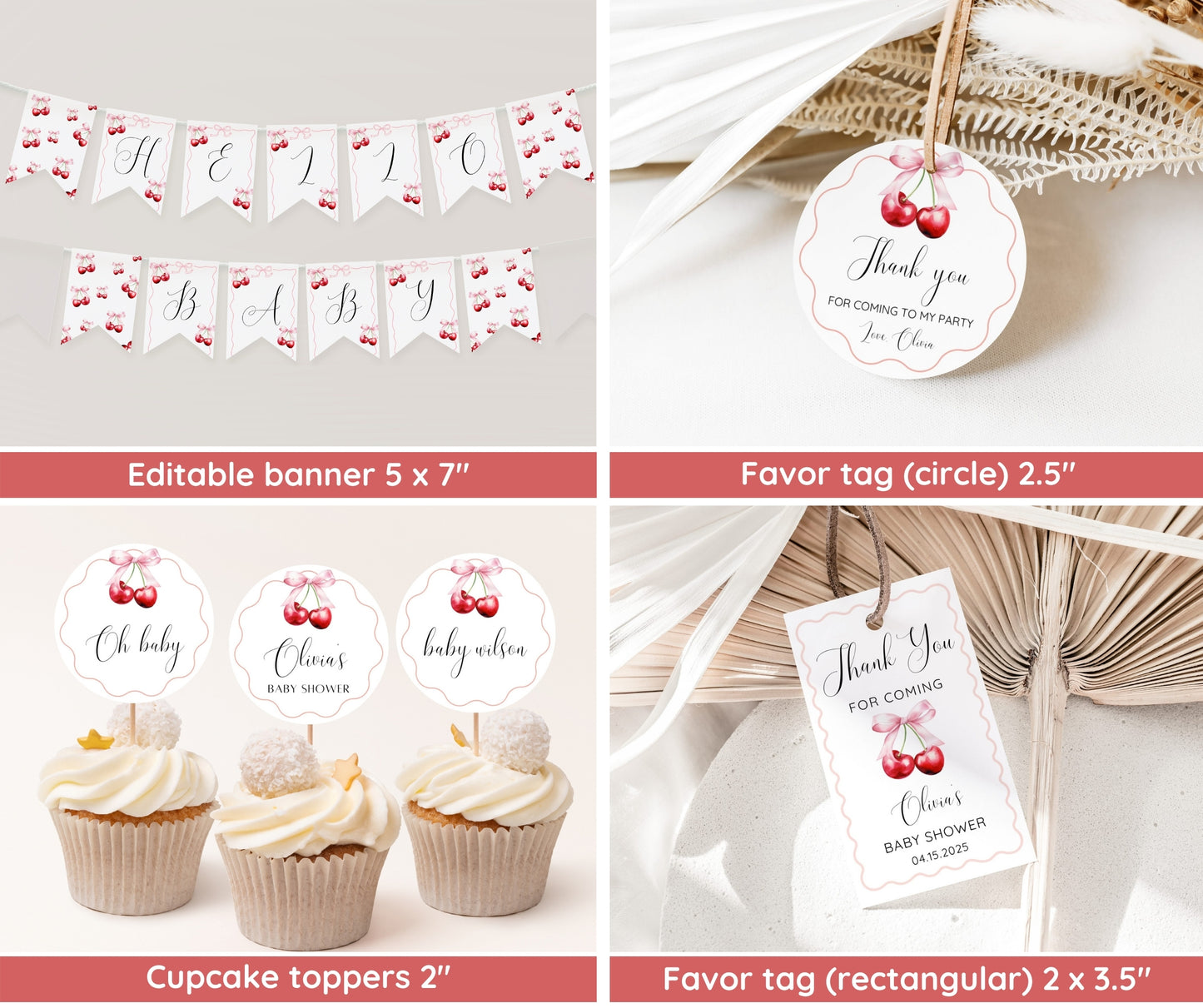 Cherry Baby Shower Invitation Bundle, Cherry on Top Invite Set, Coquette Pink Bow Berries, Girl Baby Shower, Editable Templates, Printable