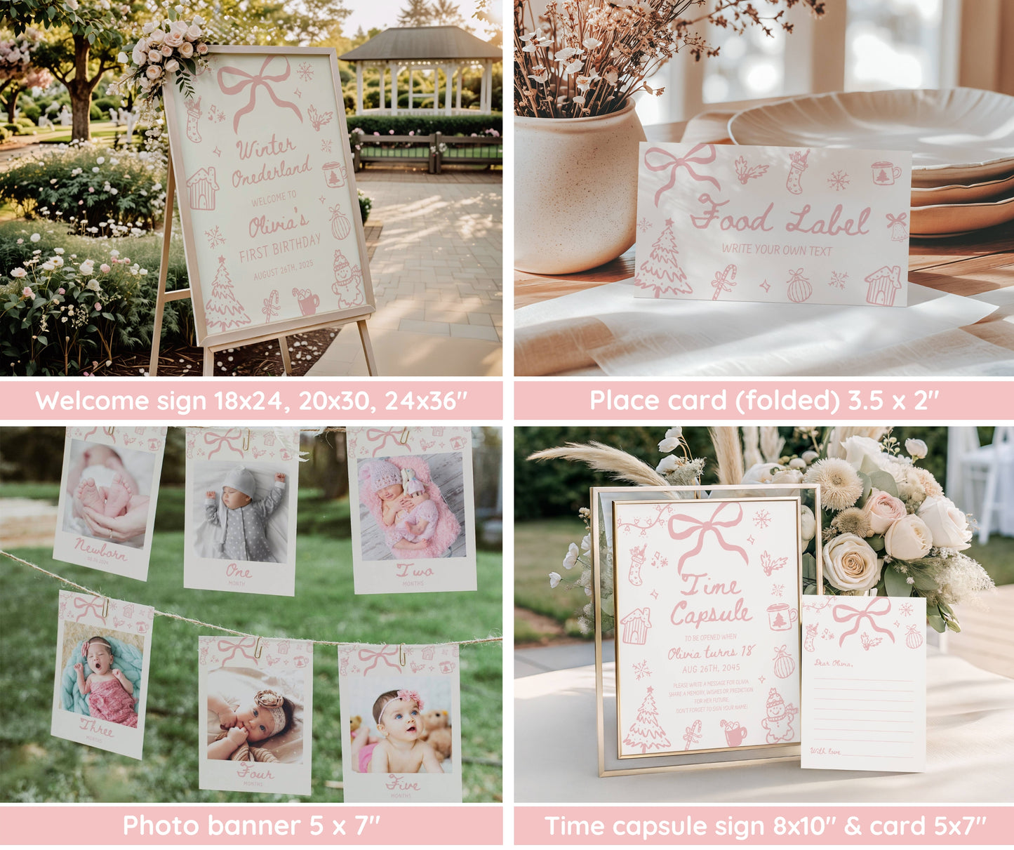 Winter Onederland First Birthday Bundle, Hand Drawn Pink Winter Girl Birthday Invitation, December Christmas 1st Birthday, Editable Template