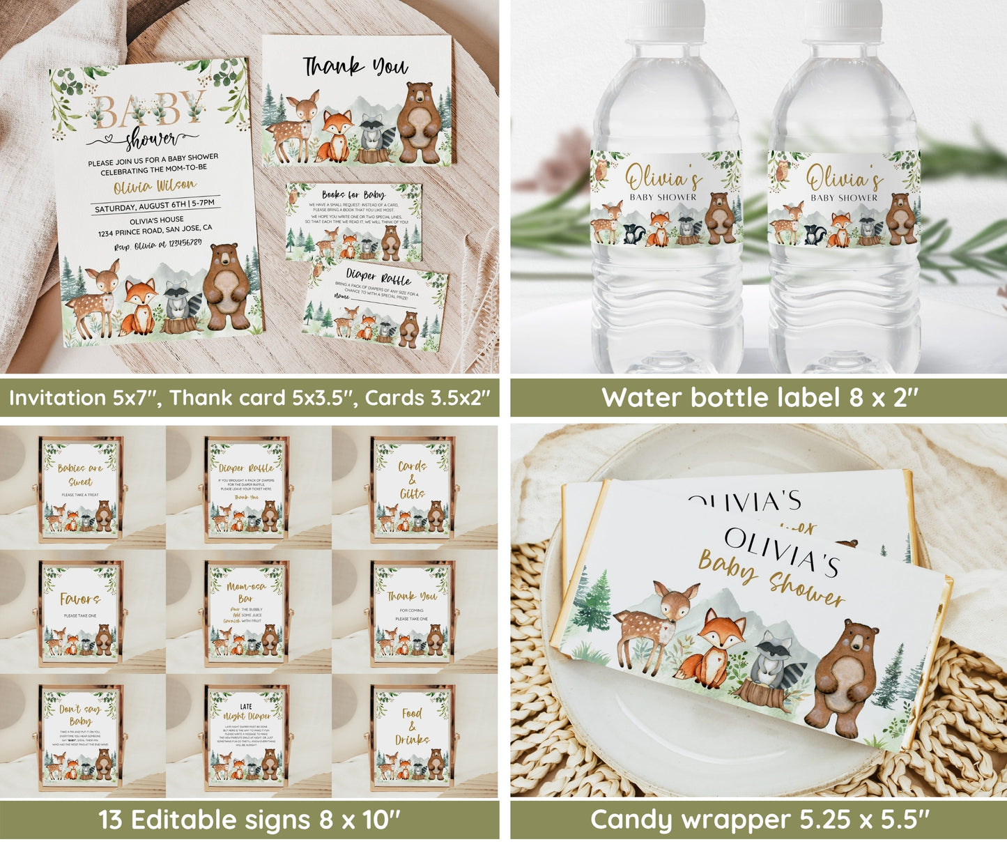 Woodland Baby Shower Bundle, Editable Woodland Animal Set, Baby Shower Invitation Game Pack, Woodland Animal Baby Shower, Gender Neutral