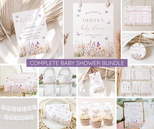 Butterfly Baby Shower Invitation Bundle, Editable Pink Butterfly Invite & Games, Girl Baby Shower Decor, Wildflower Floral, Canva Template