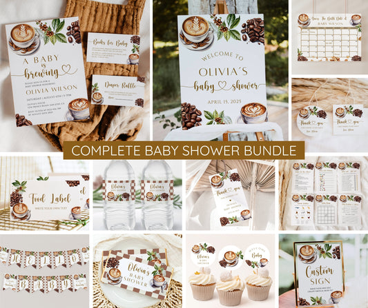 Coffee Baby Shower Invitation Bundle, A Baby is Brewing Baby Shower Invite & Game Bundle, Gender Neutral, Editable Canva Template, Printable
