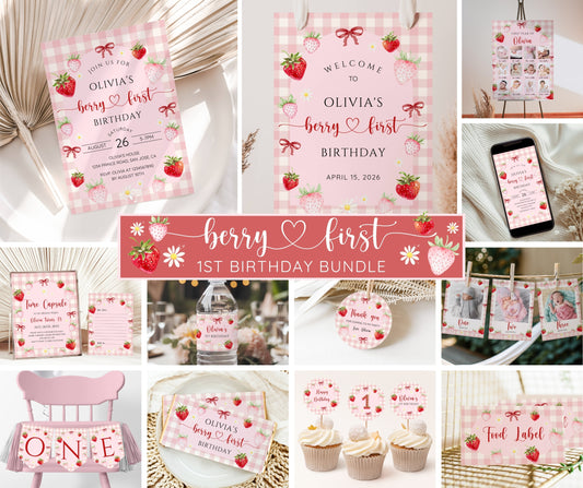 Berry First Birthday Invitation Bundle, Strawberry 1st Birthday Bundle, Berry First Birthday Invite Template, Berry 1st Girl Birthday Decor