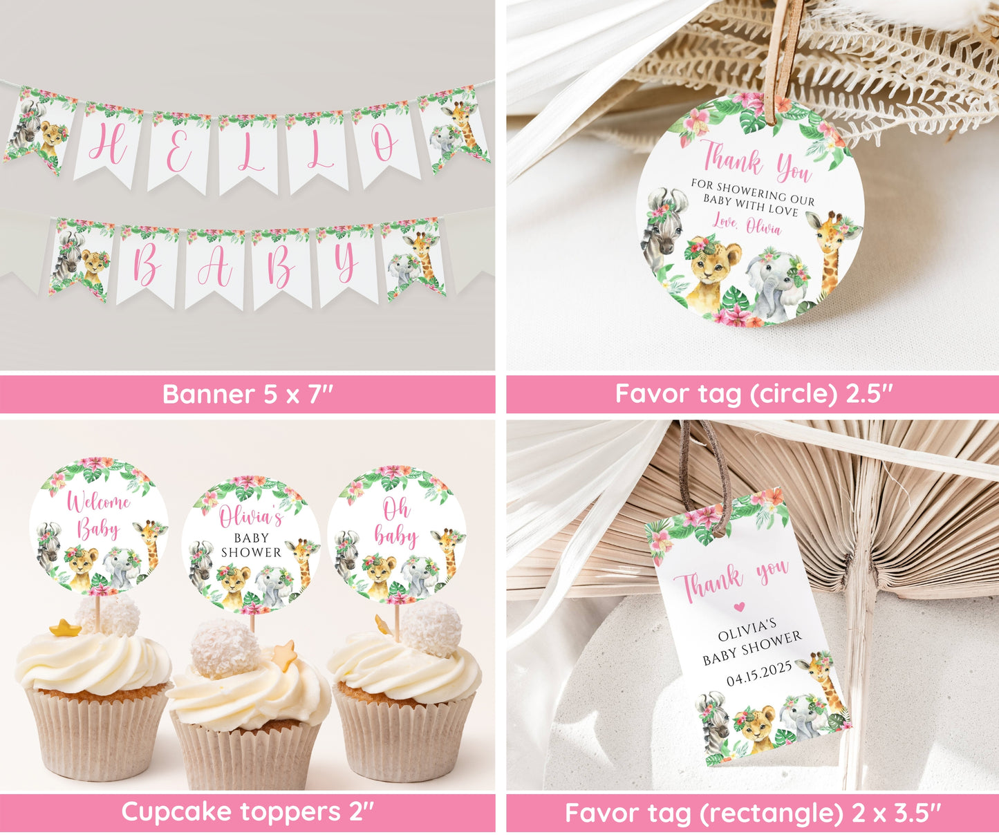 Safari Baby Shower Girl Bundle, Pink Jungle Animals Baby Sprinkle Invitation & Games, Editable Canva Templates, Instant Download