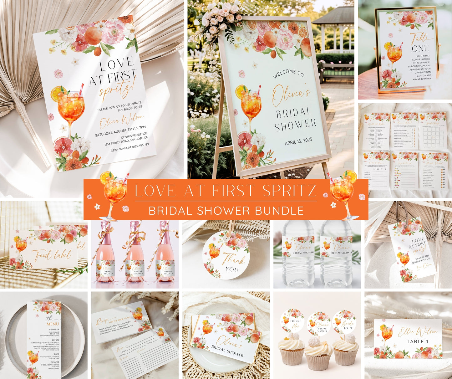 Love at First Spritz Bridal Shower Bundle | Aperol Spritz Bridal Shower Invitation, Games & Sign | Citrus Bridal Brunch | Pink Orange Floral | Editable Canva Template | Instant Download