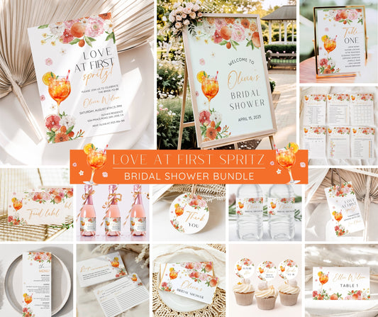 Love at First Spritz Bridal Shower Bundle | Aperol Spritz Bridal Shower Invitation, Games & Sign | Citrus Bridal Brunch | Pink Orange Floral | Editable Canva Template | Instant Download