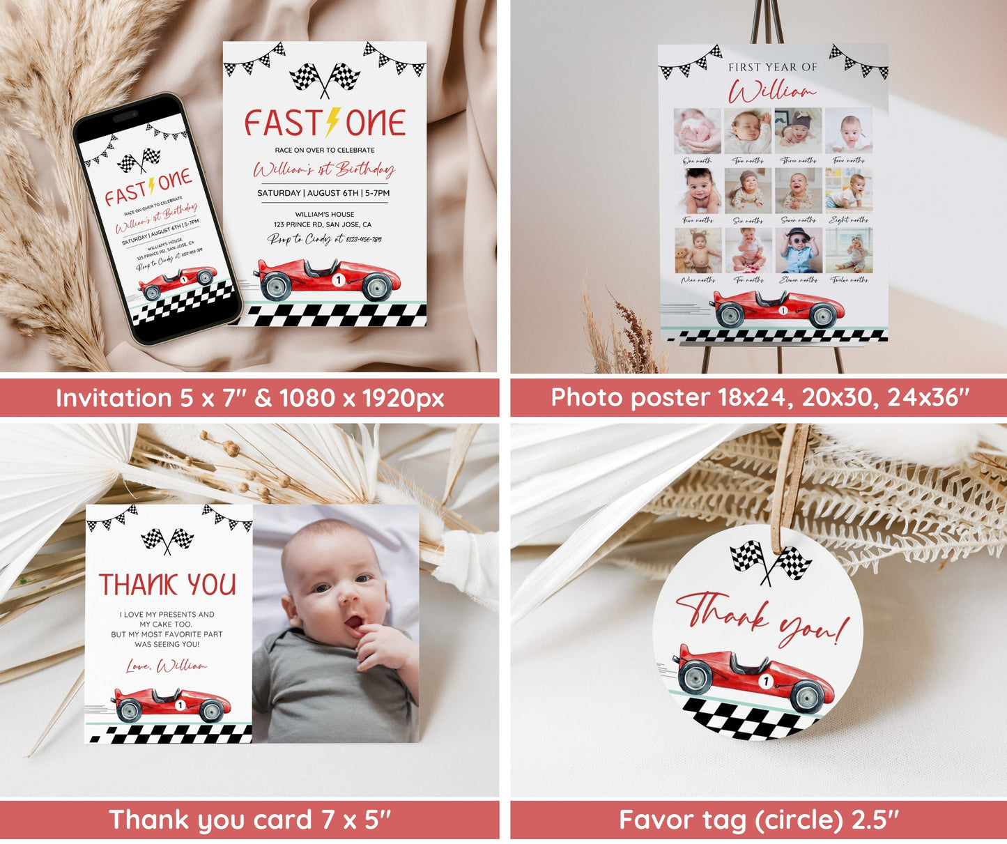 Fast One Race Car Birthday Invitation Bundle, 1st Birthday Boy Party Bundle, Editable Race Car Invite Set, Boy First Birthday Canva Template
