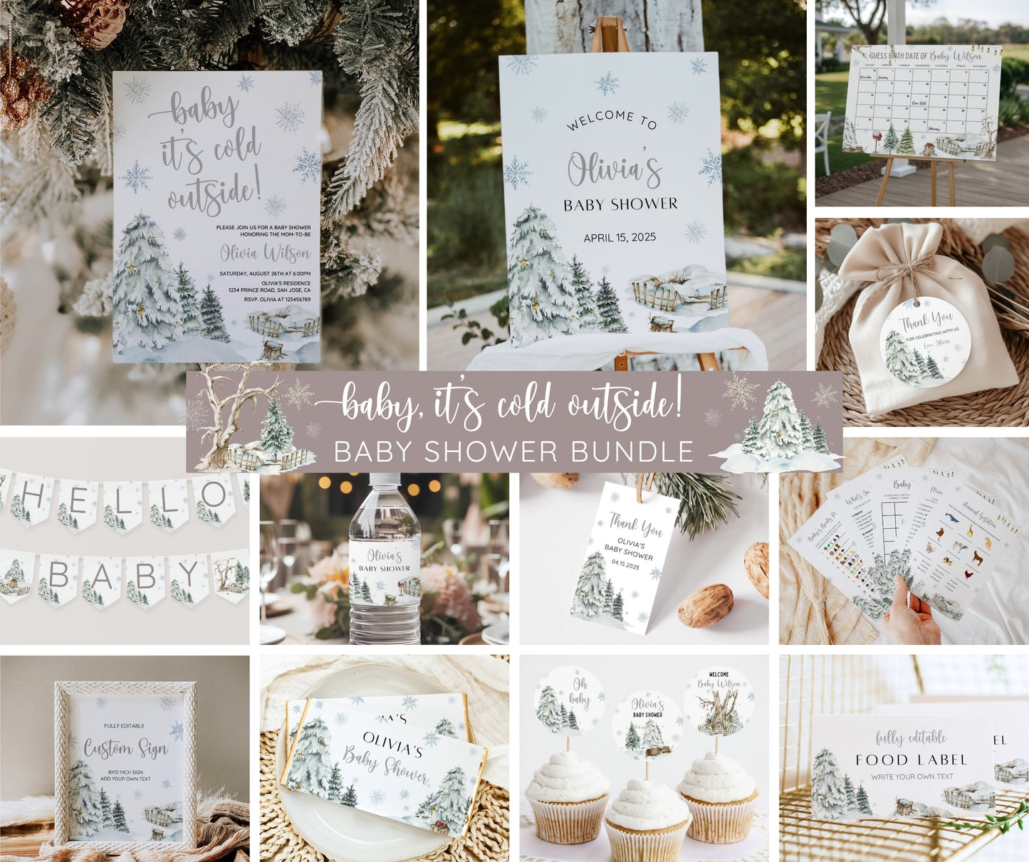 Winter Baby Shower Invitation Bundle, Baby It's Cold Outside, Snowflake Baby Shower Games, Editable Winter Wonderland Template, Canva Invite