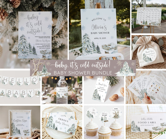 Winter Baby Shower Invitation Bundle, Baby It's Cold Outside, Snowflake Baby Shower Games, Editable Winter Wonderland Template, Canva Invite