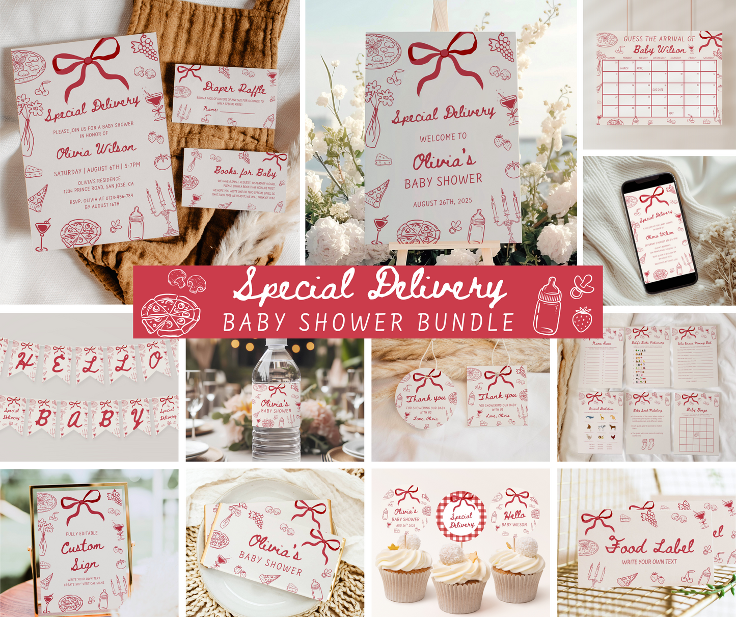Special Delivery Baby Shower Bundle, Hand Drawn Italian Pizza Baby Shower Invitation & Games, Slice Slice Baby Invite, Editable Template