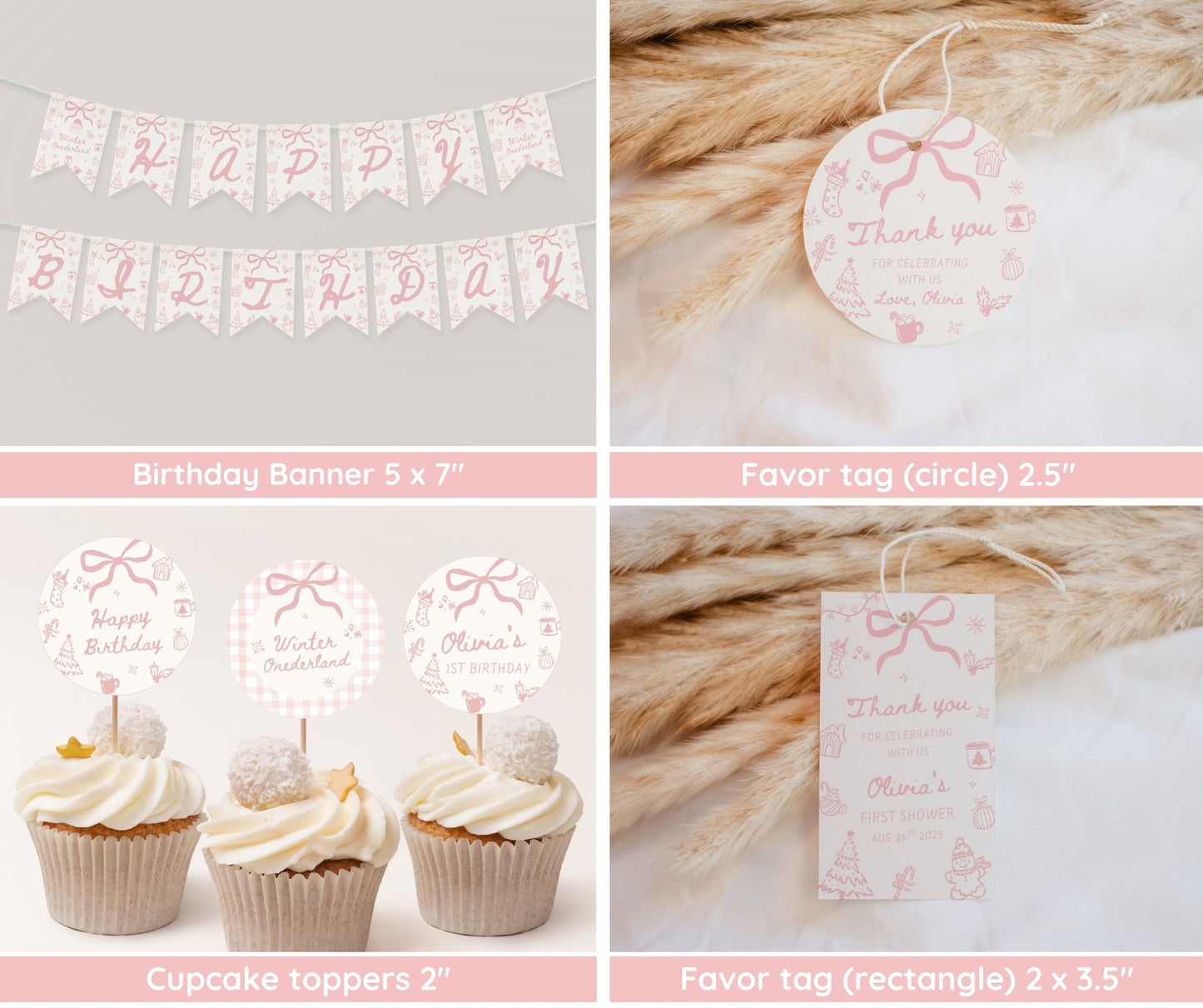 Winter Onederland First Birthday Bundle, Hand Drawn Pink Winter Girl Birthday Invitation, December Christmas 1st Birthday, Editable Template
