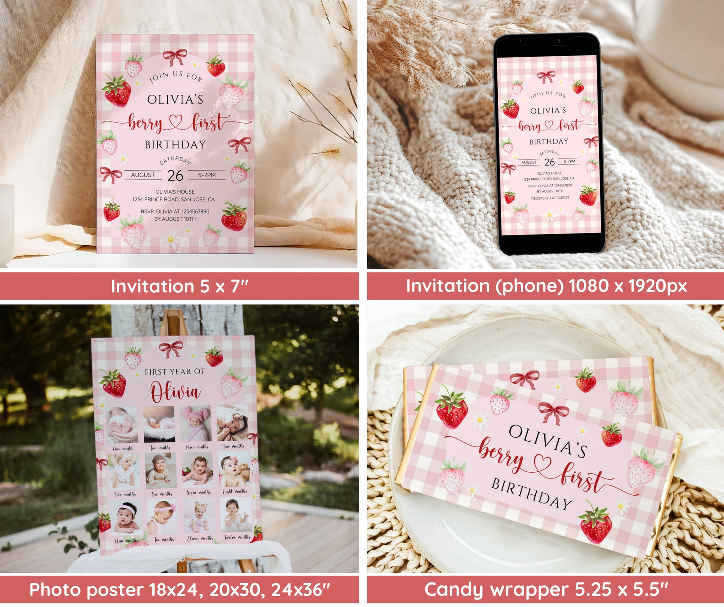 Berry First Birthday Invitation Bundle, Strawberry 1st Birthday Bundle, Berry First Birthday Invite Template, Berry 1st Girl Birthday Decor