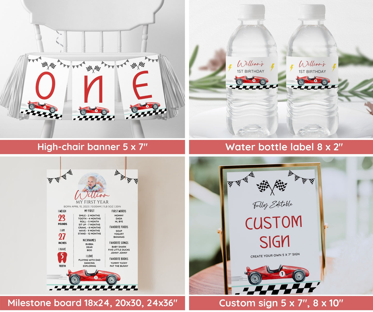 Fast One Race Car Birthday Invitation Bundle, 1st Birthday Boy Party Bundle, Editable Race Car Invite Set, Boy First Birthday Canva Template