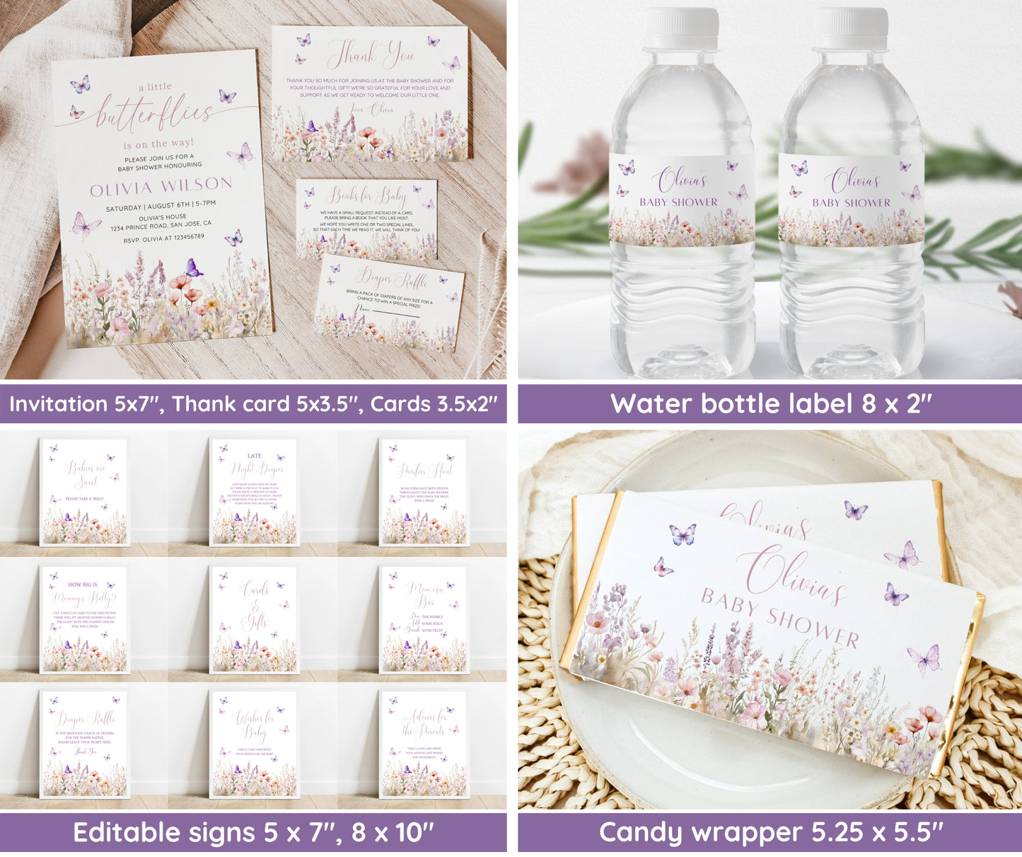 Butterfly Baby Shower Invitation Bundle, Editable Pink Butterfly Invite & Games, Girl Baby Shower Decor, Wildflower Floral, Canva Template