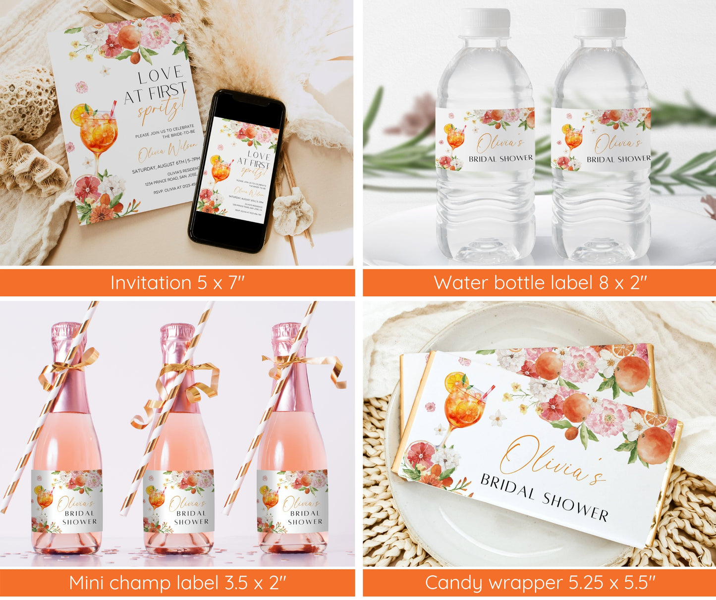 Love at First Spritz Bridal Shower Bundle | Aperol Spritz Bridal Shower Invitation, Games & Sign | Citrus Bridal Brunch | Pink Orange Floral | Editable Canva Template | Instant Download
