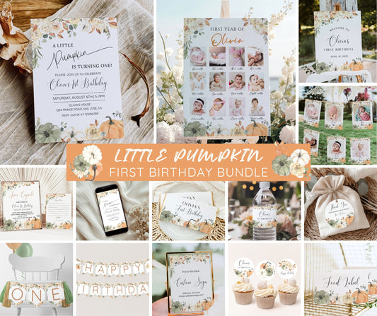 Little Pumpkin Birthday Bundle, Fall Birthday Invitation, Welcome Sign, Photo Poster, Autumn First Birthday Bundle, Editable Canva Template