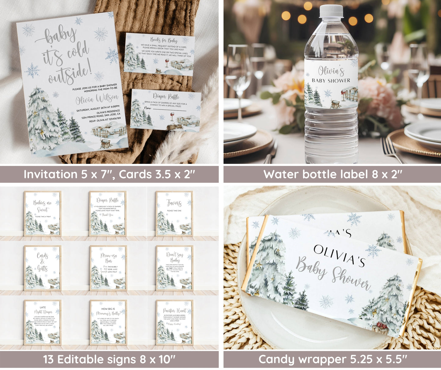 Winter Baby Shower Invitation Bundle, Baby It's Cold Outside, Snowflake Baby Shower Games, Editable Winter Wonderland Template, Canva Invite