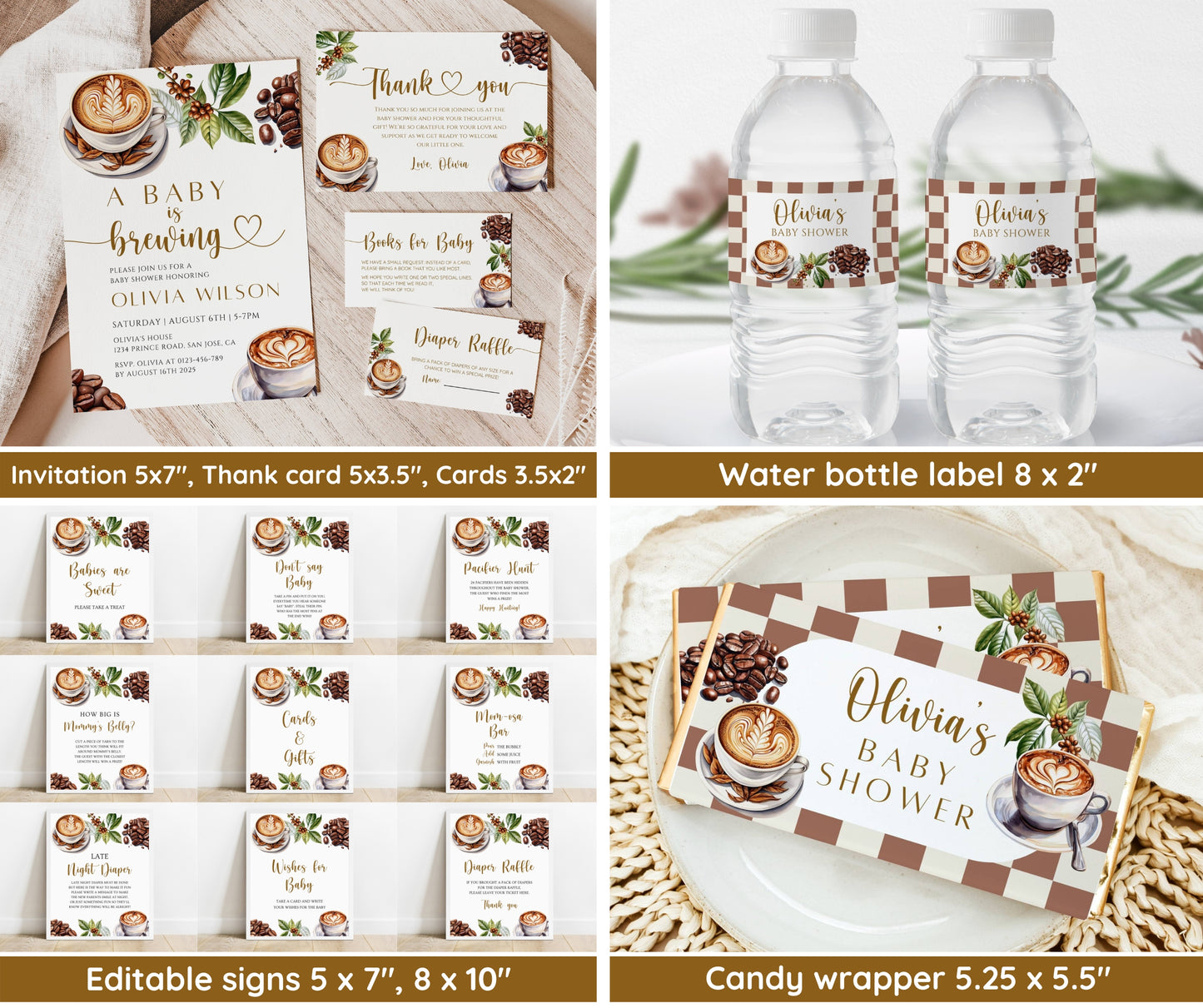 Coffee Baby Shower Invitation Bundle, A Baby is Brewing Baby Shower Invite & Game Bundle, Gender Neutral, Editable Canva Template, Printable