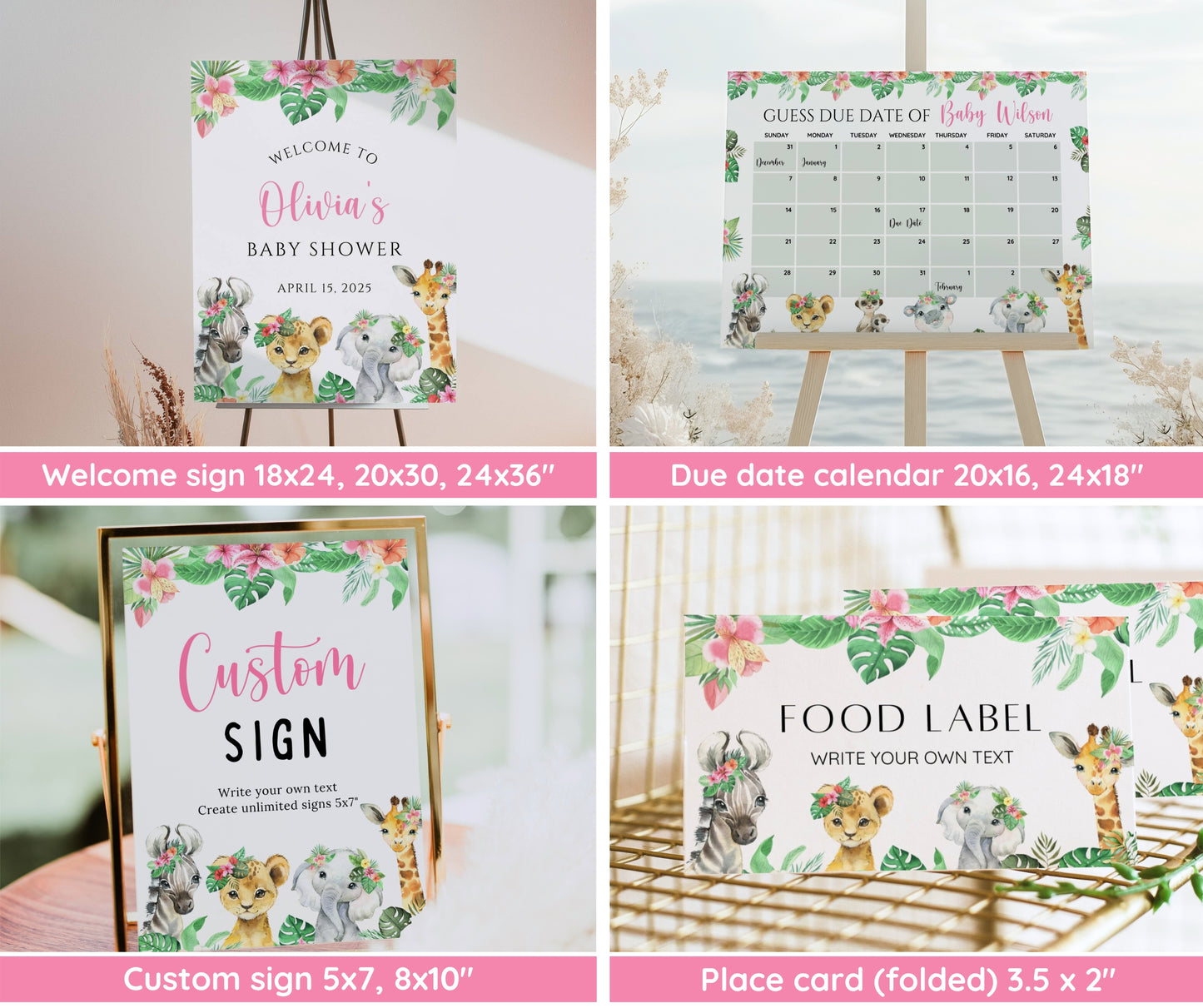 Safari Baby Shower Girl Bundle, Pink Jungle Animals Baby Sprinkle Invitation & Games, Editable Canva Templates, Instant Download