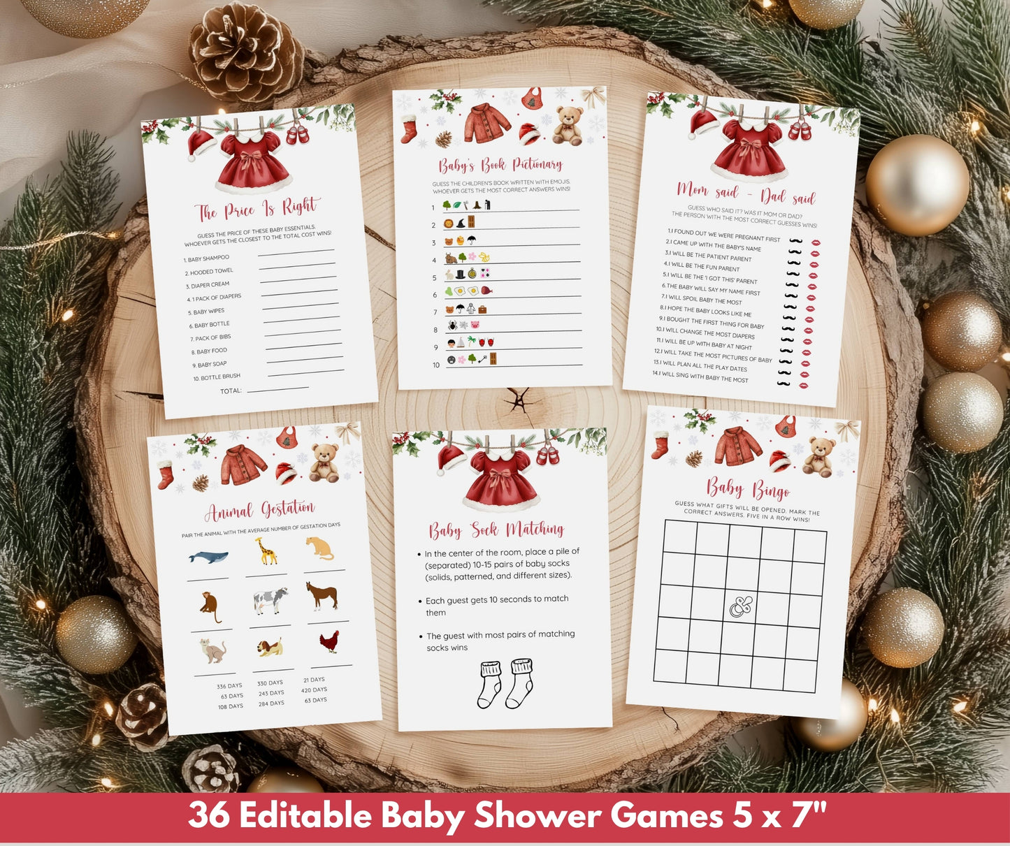 Santa Baby Shower Bundle, Christmas Girl Baby Shower Invitation & Games, Holiday Baby Clothesline, Winter, Merry Little, Editable Template