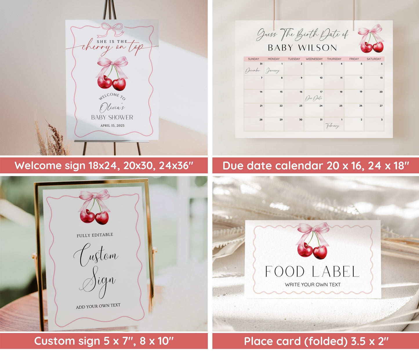 Cherry Baby Shower Invitation Bundle, Cherry on Top Invite Set, Coquette Pink Bow Berries, Girl Baby Shower, Editable Templates, Printable