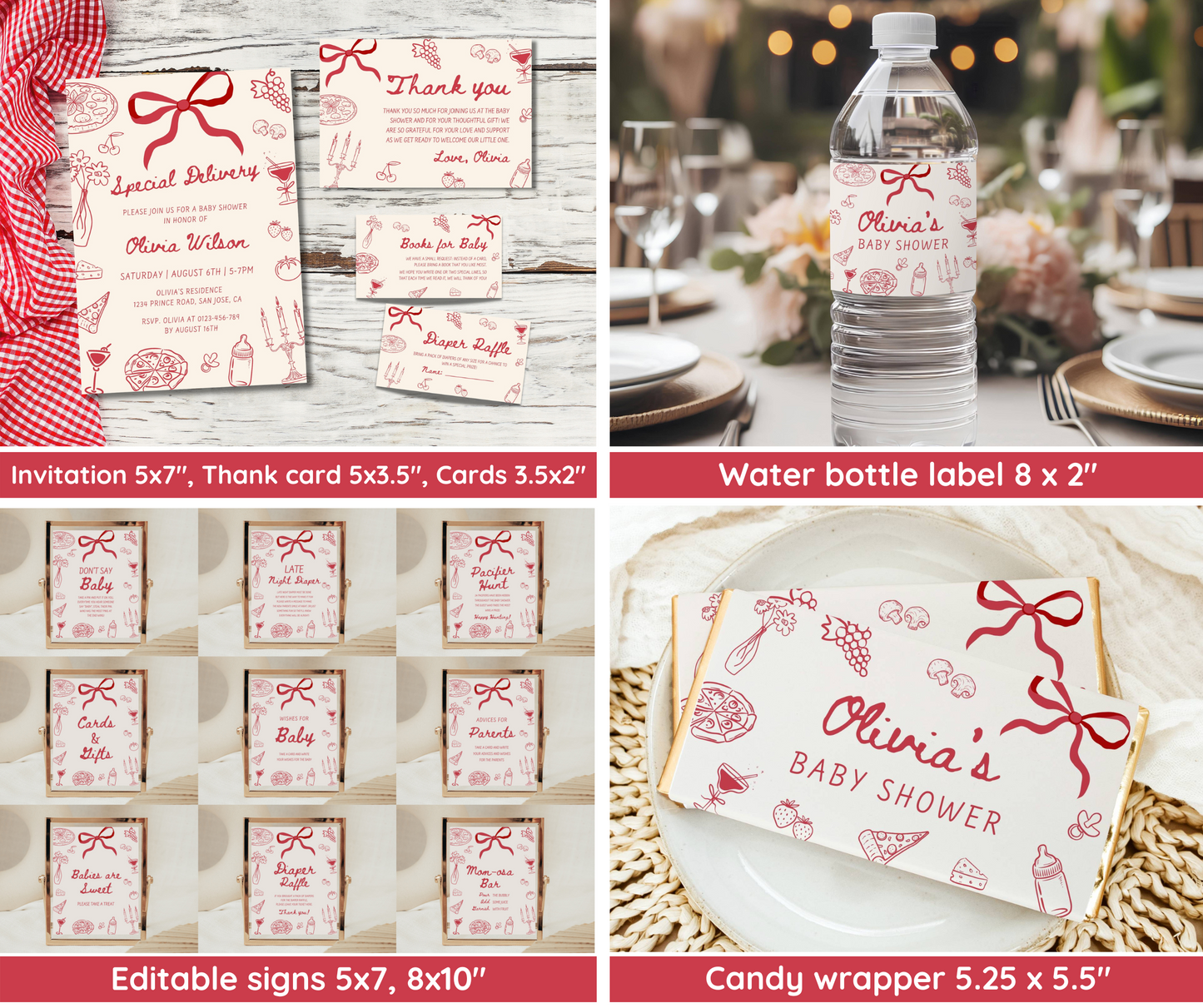 Special Delivery Baby Shower Bundle, Hand Drawn Italian Pizza Baby Shower Invitation & Games, Slice Slice Baby Invite, Editable Template