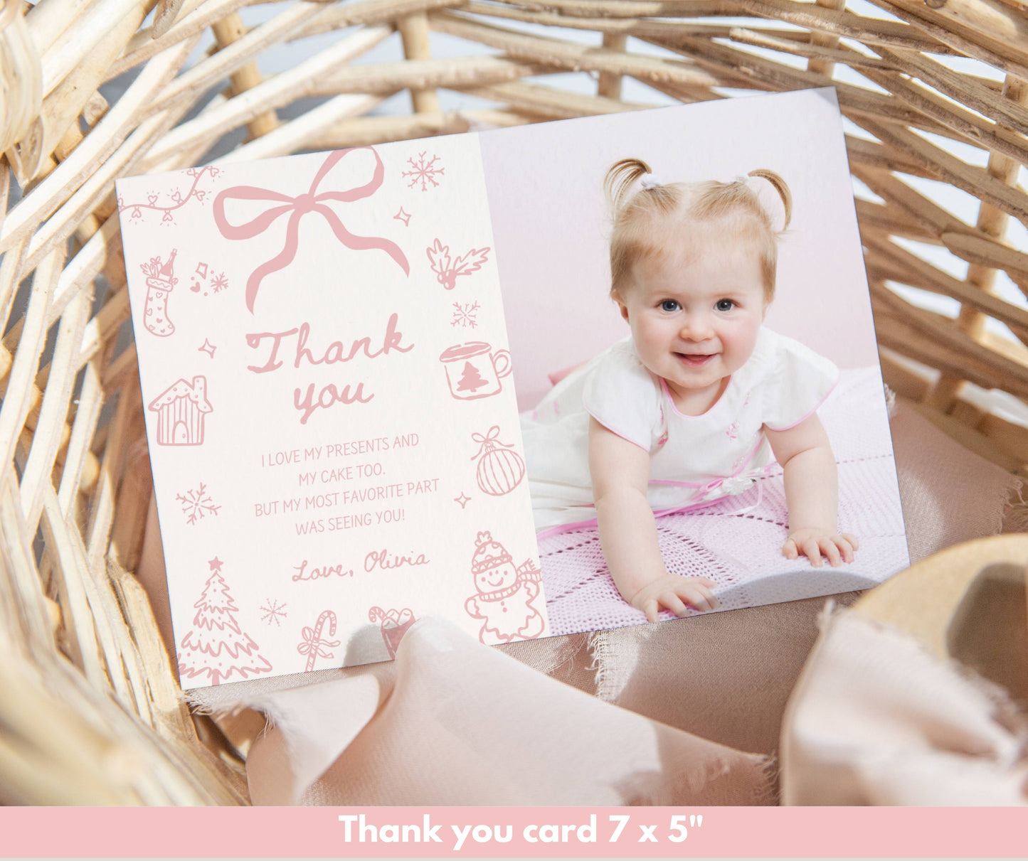 Winter Onederland First Birthday Bundle, Hand Drawn Pink Winter Girl Birthday Invitation, December Christmas 1st Birthday, Editable Template