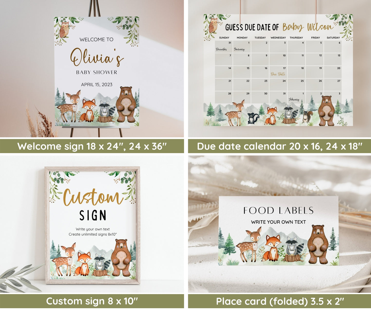 Woodland Baby Shower Bundle, Editable Woodland Animal Set, Baby Shower Invitation Game Pack, Woodland Animal Baby Shower, Gender Neutral