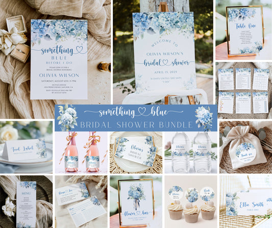Something Blue Before I Do Bridal Shower Bundle | Blue Hydrangea Wedding Shower Invitation | Editable Bridal Games & Decor | Instant Download
